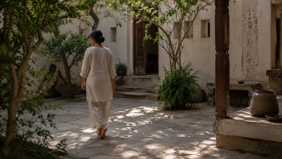 A woman walking through a traditional Indian courtyard, a quiet moment of reflection
