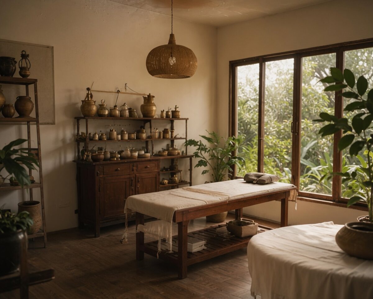 A quiet Ayurvedic treatment room with brass vessels, linen, and greenery