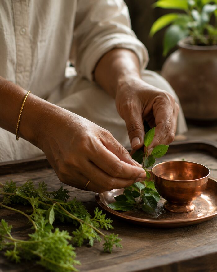 Fresh herbs held over a copper cup representing balance